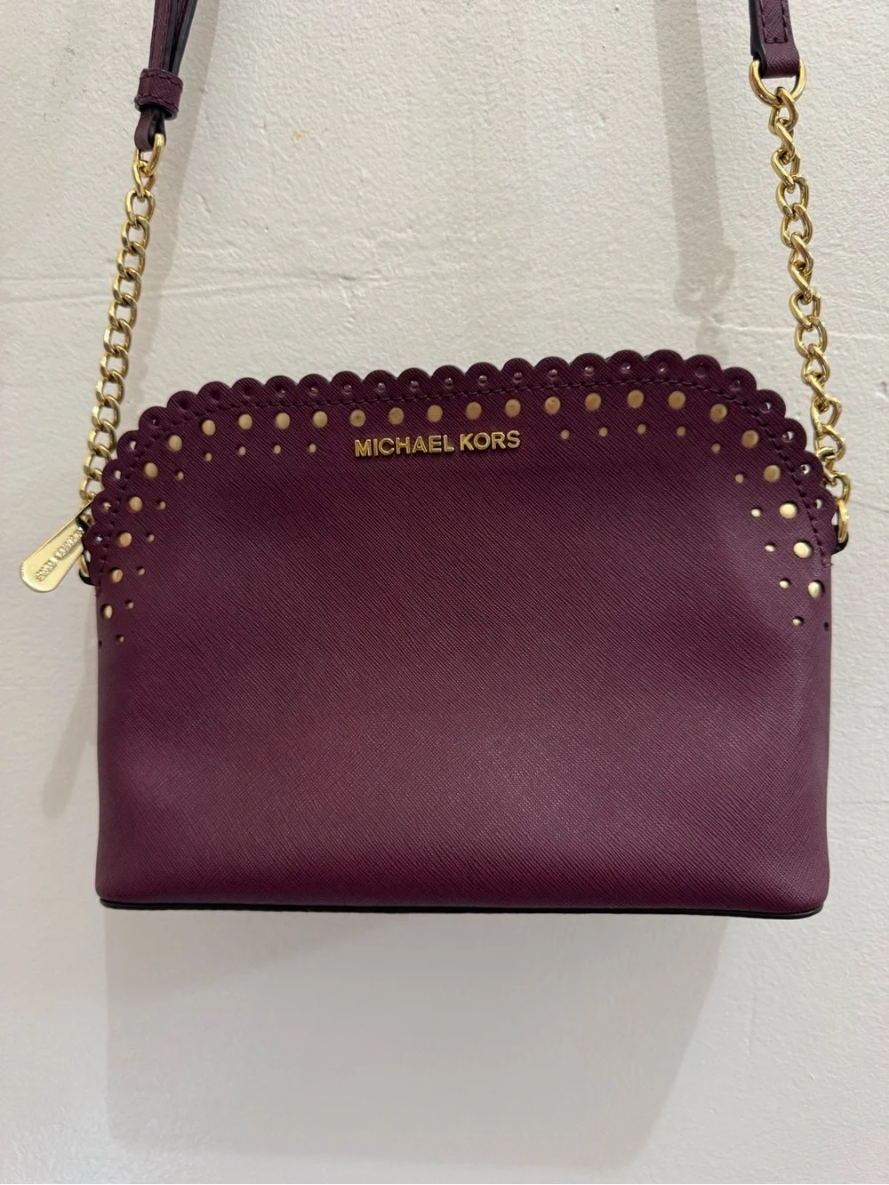 Michael Kors Cindy Large Dome Scalloped Studded Crossbody Bag – Plum / Wine
